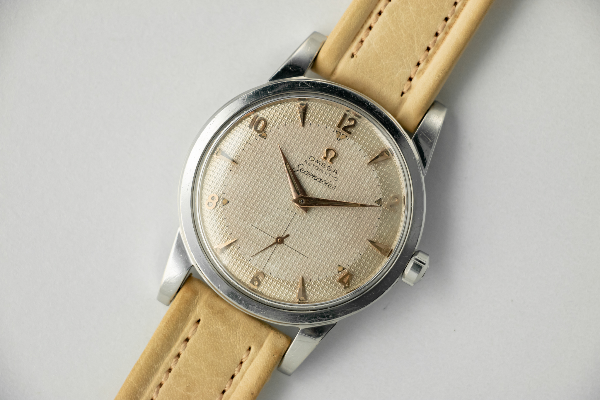 1952 OMEGA SEAMASTER 2494 7 2657 WAFFLE DIAL STEEL 36MM Vintage Watches For Sale Certified Authentic Stetz Co